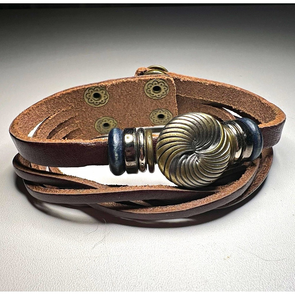 Multi-Strand Brown Leather Wrap Bracelet Boho Metal Swirl Focal Charm Snap